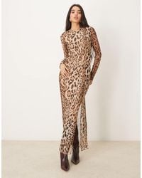 Vila - Maxi Bodycon Jurk Van Mesh Met Lange Mouwen En Luipaardprint - Lyst
