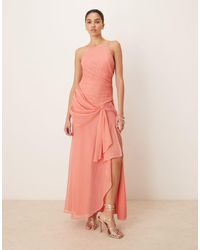 ASOS - Vestito Lungo Color Terracotta Con Spalline Sottili, Scollo A Vogatore E Gonna Drappeggiata - Lyst