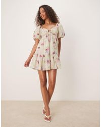 Gina Tricot - Puff Sleeve Tie Front Mini Dress - Lyst