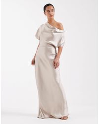 TFNC London Bridesmaid Satin Halterneck Fishtail Maxi Dress in Brown | Lyst
