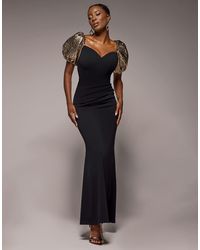 Goddiva - Jacquard Puff Sleeve Sweetheart Maxi Dress - Lyst