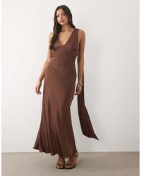 TFNC London - Bridesmaids Satin Plunge Neck Scarf Detail Lace Up Open Back Maxi Dress - Lyst