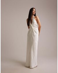 Six Stories - Bridesmaids Satin Plunge Neck Knot Detail Maxi Dress - Lyst