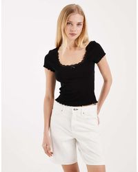 Miss Selfridge - Pointelle Square Neck Lace Trim Tee - Lyst