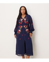 Hope & Ivy Plus - Chiffon V Neck Button Front Floral Embroidered Midi Dress - Lyst
