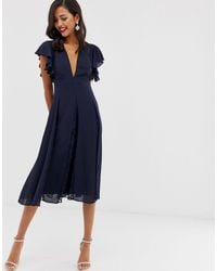 ASOS Robe mi-longue avec empiècement à godet en dentelle - Bleu