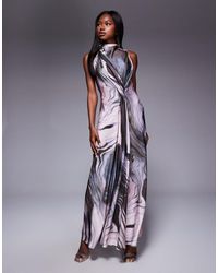 ASOS - – hochgeschlossenes, drapiertes satin-maxikleid mit abstraktem, braunen print und eingestecktem design - Lyst