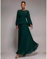 Goddiva - Bishop Sleeve Peplum Top Sculpting Stretch Jersey Crepe And Chiffon Maxi Dress - Lyst