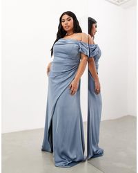 ASOS - Asos design curve - l'invitée - robe portefeuille longue drapée satinée à encolure bardot - cendré - Lyst
