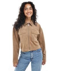ONLY - Contrast Stitch Cropped Faux Suede Jacket - Lyst