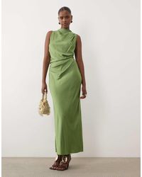 ASOS - Pleated Gathered Bodice Satin Maxi Dress With High Neck - Lyst
