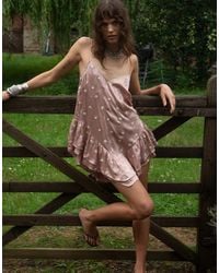 Muse Assembly - Boho Crushed Satin Asymmetric Ruffle Mini Dress With Floral Embroidery - Lyst