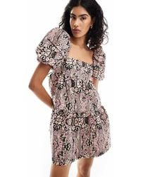 & Other Stories - Puff Sleeve Mini Dress With Tie Detail Open Back And Tiered Hem - Lyst