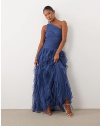 LACE & BEADS Waterfall Ruffle Maxi Dress in Blue