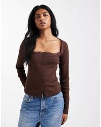 ASOS - Cotton Rib Button Down Square Neck Top With Lace Trim - Lyst