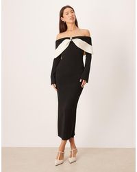 Pretty Lavish - Rib Knit Off The Shoulder Contrast Bow Midaxi Dress - Lyst