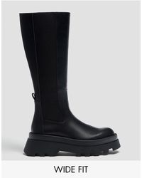 Pull&Bear Wide Fit Knee High Chunky Flat Boots - Black