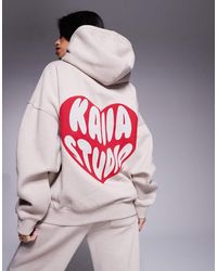 Kaiia - Felpa Oversize Color Pietra E Rosso Con Cappuccio E Logo A Cuore - Lyst