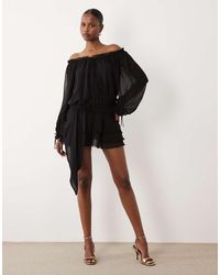 Oh Polly - Chiffon Off Shoulder Balloon Sleeve Layered Skirt Tie Detail Mini Dress - Lyst