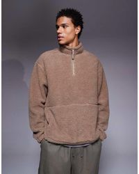 ASOS - Oversized Borg Sweatshirt Met Opstaande Boord En Rits - Lyst