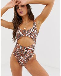 ASOS Badpak Met Uitsnijding En Grafische Lijnenprint - Bruin