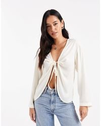 ASOS - Satin V Neck Tie Detail Long Sleeve Blouse - Lyst