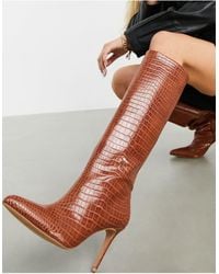 asos design claudia knee high boots in tan
