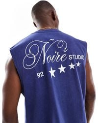 ASOS - Camiseta Azul Lavado De Corte Cuadrado Extragrande Sin Mangas Con Estampado Gráfico De Texto De Tejido Grueso De -Azul Marino - Lyst