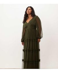 Lace & Beads Plus - Tulle Sheer Balloon Sleeve Plunge Neck Tiered Maxi Dress - Lyst