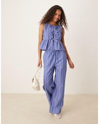 Gina Tricot - Ruimvallende Broek Van Katoen-Popeline Met Blauwe Strepen - Lyst