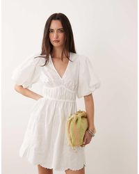 New Look - Puff Sleeve Shirred Waist Mini Dress With Cutwork Detail - Lyst