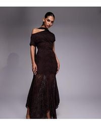Kaiia - Exclusive Slinky Lace Off Shoulder Scarf Detail Sheer Hem Maxi Dress - Lyst