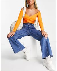 Object High Waisted Wide Leg Jeans With Seam Detail - Blue