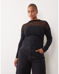 ASOS - Asos Design Curve Compact Cotton Mesh Mix Long Sleeve Top With Bardot Detail - Lyst