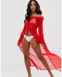 ASOS Glam - Kimono mare lungo rosso con spalle scoperte