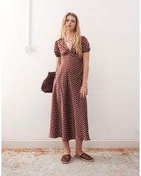 Reclaimed (vintage) - Midi Tea Dress With Puff Sleeves And Cross Back - Lyst