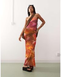 Monki - Falda Larga Rosa Y Naranja Con Estampado Floral Tropical De Malla De (Parte De Un Conjunto) - Lyst