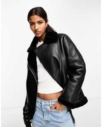 Pieces - Faux Fur Trim Aviator Jacket - Lyst