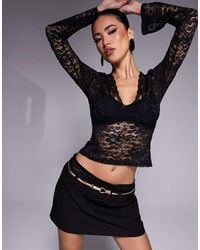 ASOS - Lace Plunge Lace Trim V Neck Top With Flared Sleeves - Lyst