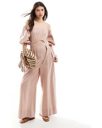 ASOS - Puff Sleeve Bardot With Front Cutout Jumpsuit - Lyst