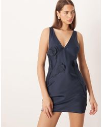 ASOS - Satin Deep V-neck Mini Dress With 3d Organza Florals - Lyst