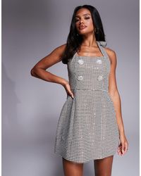 ASOS - Sequin Houndstooth Halter Mini Dress With Embellished Buttons - Lyst