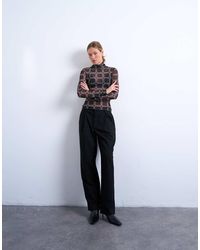 TOPSHOP - Mesh High Neck Check Print Long Sleeve Top - Lyst