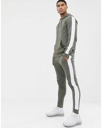 ASOS Tracksuit Hoodie/skinny sweatpants With Side Stripe In Khaki - Multicolour