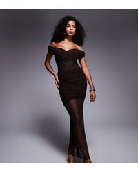 Kaiia - Exclusive Double Layered Slinky Off Shoulder Sheer Mesh Hem Maxi Dress - Lyst