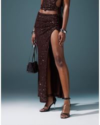 ASOS - Jupe longue d'ensemble fendue à sequins - chocolat - Lyst
