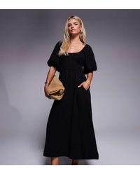 River Island - Vestido Midi Con Mangas Abullonadas De Tejido Efecto Lino De - Lyst