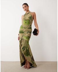 ASOS - High Neck Cowl Mesh Floral Maxi Dress With Frill Split Detail - Lyst