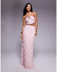 ASOS - Textured Halter Neck Maxi Dress With Floral Trim - Lyst