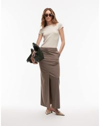 ASOS - Falda De Tubo Midi Marrón De Línea Sartorial Con Raya Diplomática Y Abertura Hasta El Muslo De - Lyst